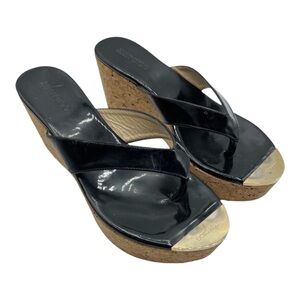 Jimmy‎ Choo Sz 9 Pathos Thong Parent Black Wedge Cross-Strap Shoes